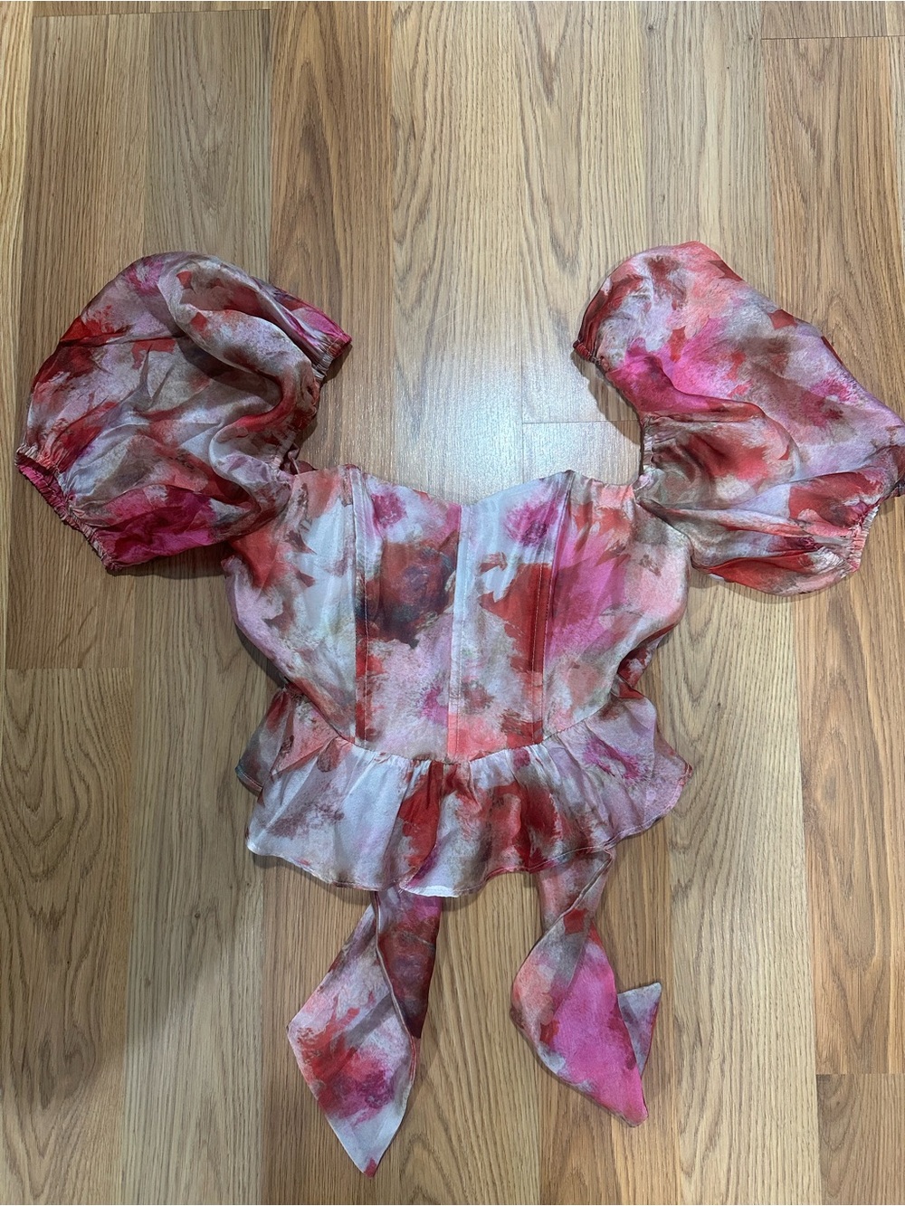 Off-Brand Pink Red Watercolor Puff-Sleeve Peplum Top